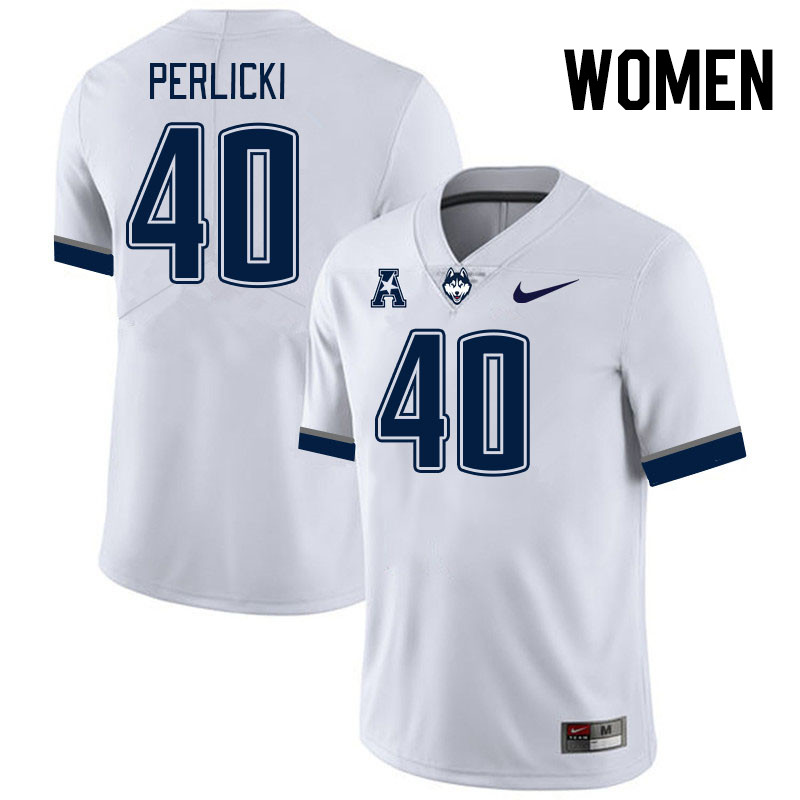 Women #40 Bruno Perlicki Connecticut Huskies College Football Jerseys Stitched Sale-White - Click Image to Close